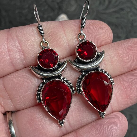 Fairy Core Garnet Crescent Moon Witchy Earrings Crystal Stone Jewelry - Picture 5 of 5